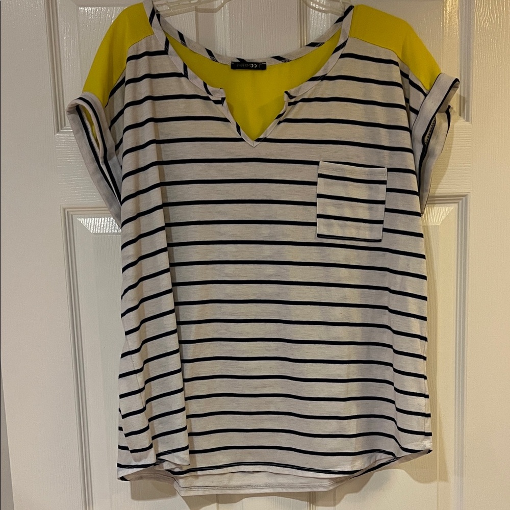 Papermoon Navy and White Striped Tee with Yellow Detail